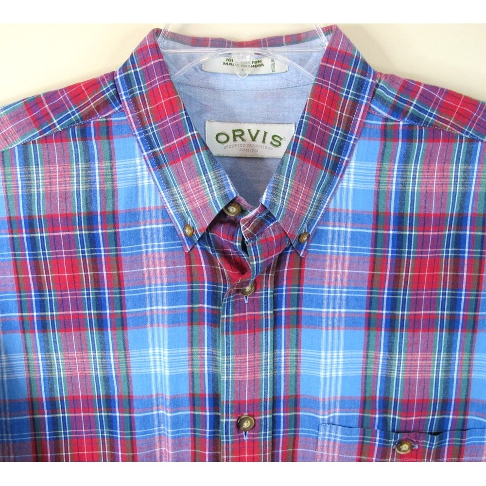 Orvis Short Sleeve Button Down Cotton Shirt Men's Large Red Blue Plaid - Picture 2 of 7